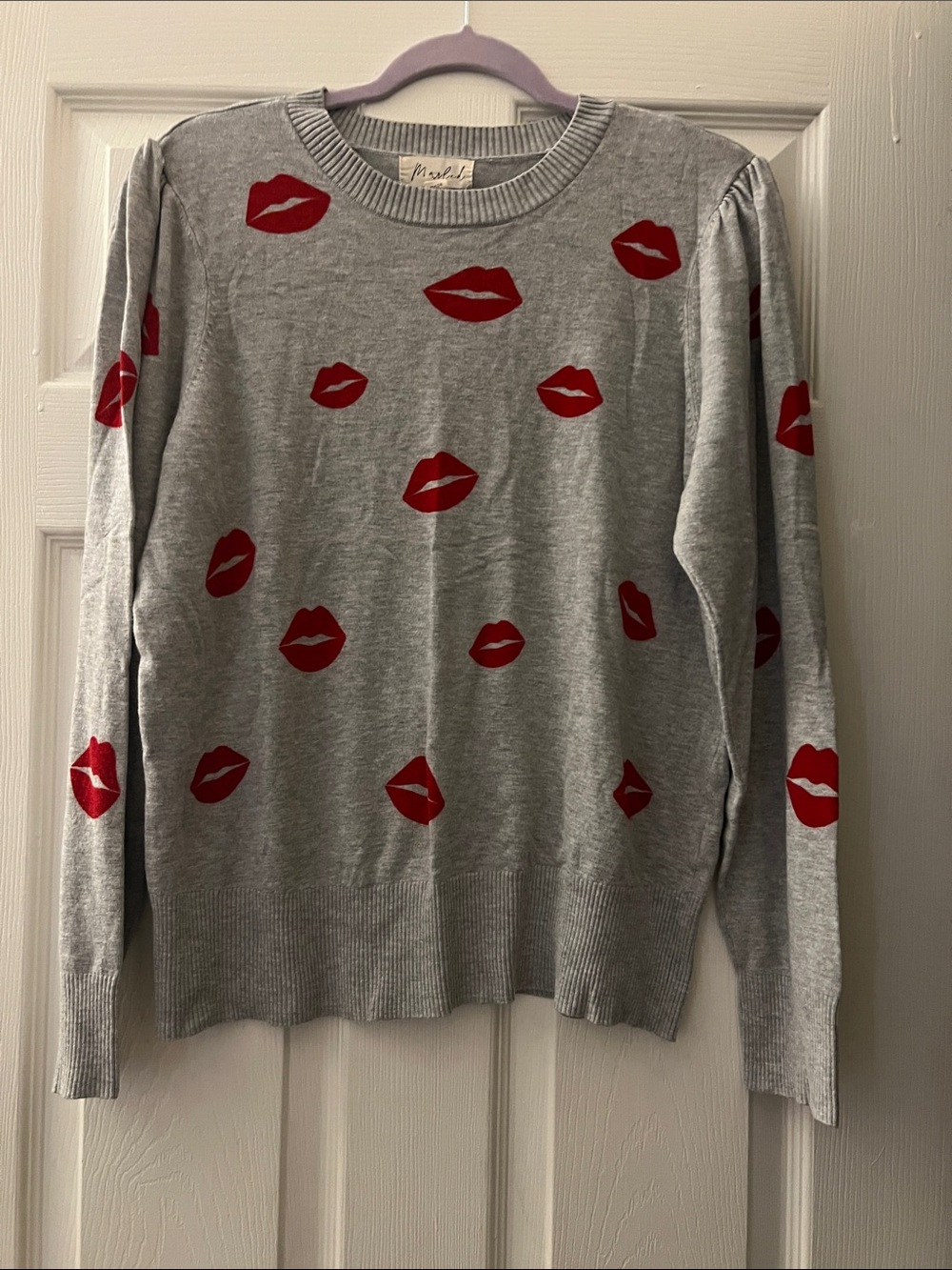 Marled Lip Print Crewneck Sweater in Gray & Red Size XL